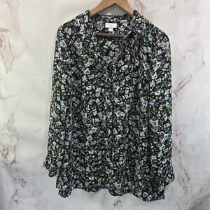 J Jill Shirt Womens Small Black Blue Floral Ditzy Long Sleeve Layered Ruffle